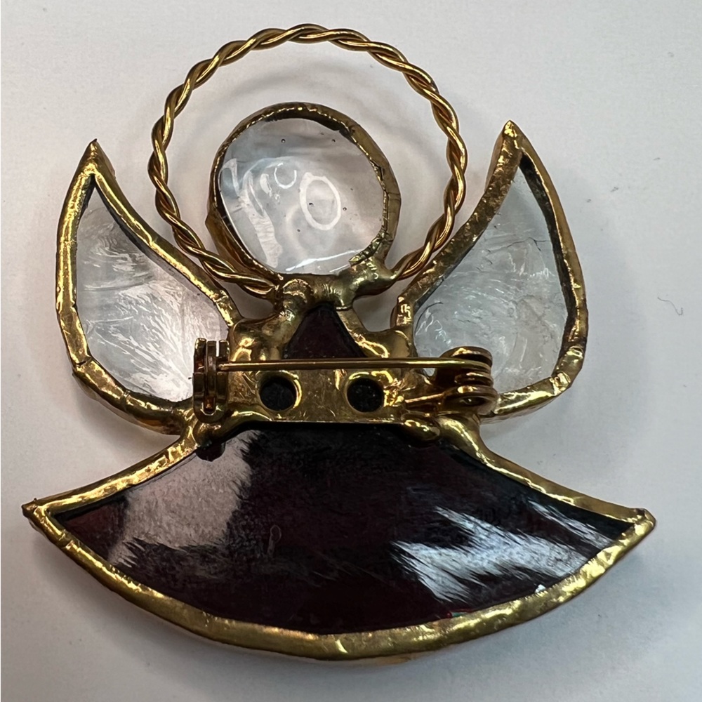 Gold Tone Lined Angel with Cross Brooch